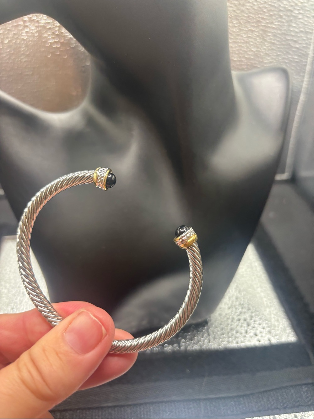 Two-Tone Silver Cable Cuff Bracelet with Black Bead Ends